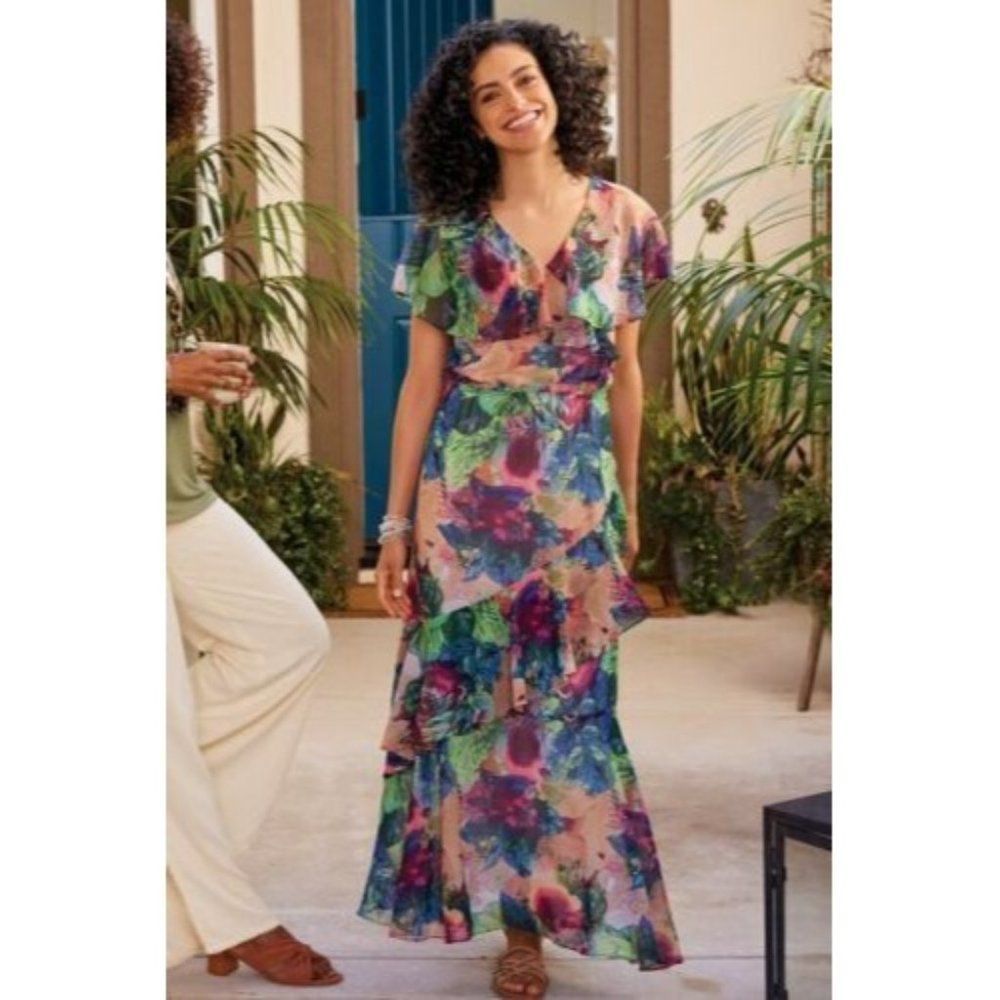 Soft Surroundings Ambrosia Tiered Floral Maxi Dress Size Medium